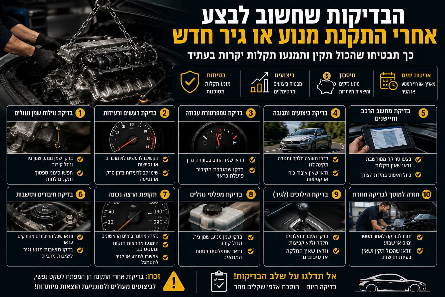 הבדיקות שחשוב לבצע אחרי התקנת מנוע