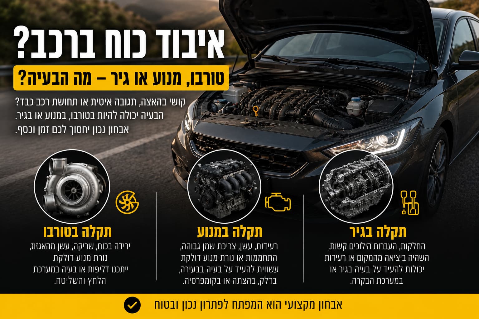 איבוד כוח ברכב יכול להעיד על תקלה בטורבו, במנוע או בגיר. הכירו את הסימנים החשובים, דרכי האבחון ומתי כדאי לפנות לבדיקה מקצועית
