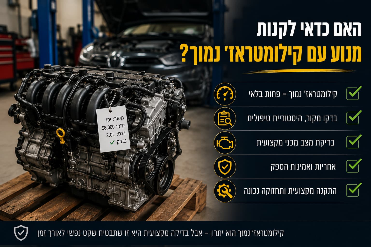 קניית מנוע עם קילומטראז׳ נמוך יכולה להיות בחירה משתלמת, אך חשוב לבדוק התאמה, מצב מכני, מקור המנוע ואחריות לפני הרכישה.